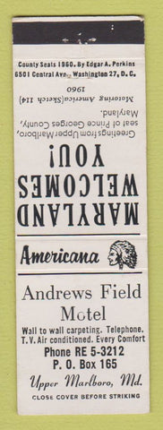 Matchbook Cover - Andrews Field Motel Upper Marlboro MD Perkins Americana WHITE