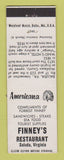 Matchbook Cover - Finney's Restaurant Saluda VA Perkins Americana WHITE