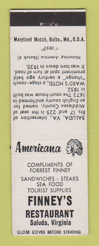 Matchbook Cover - Finney's Restaurant Saluda VA Perkins Americana WHITE