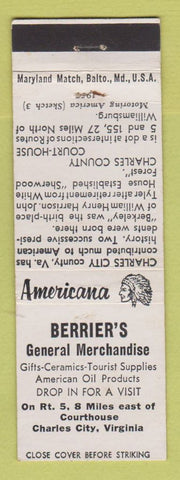 Matchbook Cover Berrier's General Store Charles City VA Perkins Americana WHITE