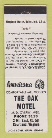 Matchbook Cover - Oak Motel Courtland VA Perkins Americana WHITE