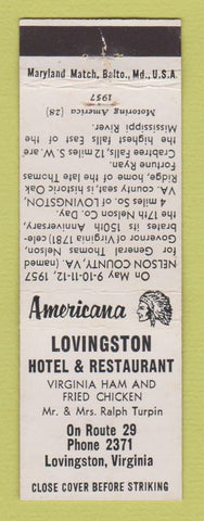Matchbook Cover - Lovingston Hotel Restaurant VA Perkins Americana WHITE