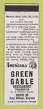 Matchbook Cover - Green Gable Restaurant King William VA Perkins Americana WHITE