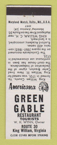 Matchbook Cover - Green Gable Restaurant King William VA Perkins Americana WHITE