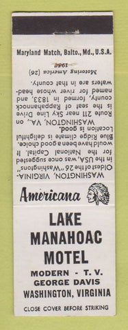 Matchbook Cover - Lake Manahoac Motel Washington VA Perkins Americana WHITE