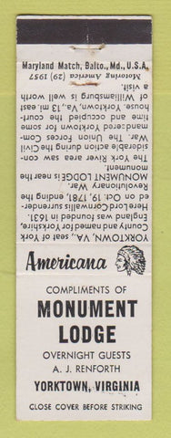 Matchbook Cover - Monument Lodge Yorktown VA Perkins Americana WHITE