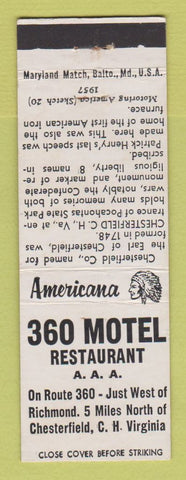Matchbook Cover - 360 Motel Chesterfield VA Perkins Americana WHITE