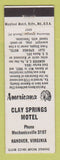 Matchbook Cover - Clay Springs Motel Hanover VA Perkins Americana WHITE