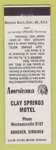 Matchbook Cover - Clay Springs Motel Hanover VA Perkins Americana WHITE