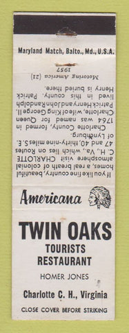 Matchbook Cover - Twin Oaks Restaurant Charlotte VA Perkins Americana WHITE