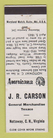 Matchbook Cover - JR Carson Texaco oil gas Nottoway VA Perkins Americana WHITE