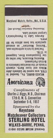 Matchbook Cover Keystone Match Club Wilkes Barre PA 1957 Perkins Americana WHITE