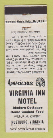Matchbook Cover - Virginia Inn Motel Rustburg VA Perkins Americana WHITE