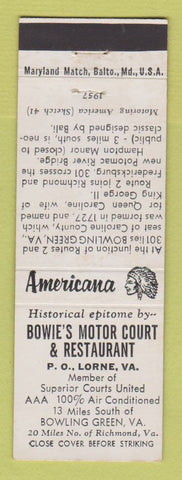 Matchbook Cover - Bowie's Motor Court Lorne VA Perkins Americana WHITE