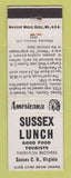 Matchbook Cover - Sussex Lunch VA Perkins Americana WHITE