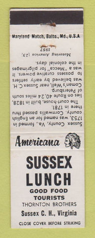 Matchbook Cover - Sussex Lunch VA Perkins Americana WHITE
