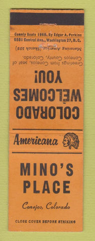Matchbook Cover - Mino's Place Conejos Colorado Perkins Americana ORANGE