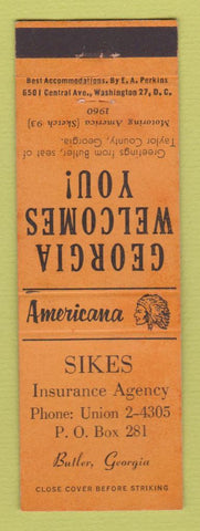 Matchbook Cover - Sikes Insurance Butler GA Perkins Americana ORANGE