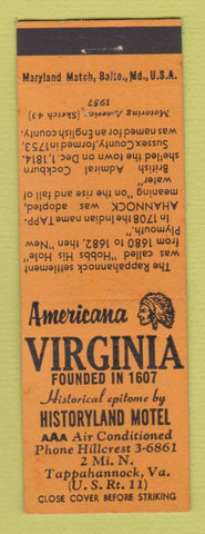 Matchbook Cover - Historyland Motel Tappahannock VA Perkins Americana ORANGE