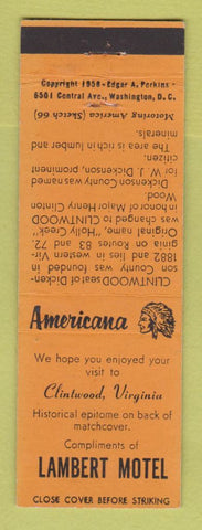 Matchbook Cover - Lambert Hotel Clintwood VA Perkins Americana ORANGE