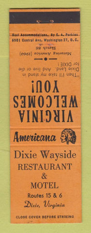 Matchbook Cover - Dixie Wayside Motel Dixie VA  Perkins Americana ORANGE