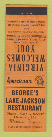 Matchbook Cover Lake Jackson Restaurant Manassas VA Perkins Americana ORANGE