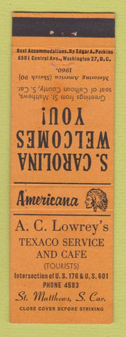Matchbook Cover Lowrey's Texaco oil gas St Matthews SC Perkins Americana ORANGE
