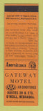Matchbook Cover - Gateway Motel O'Neill NE Perkins Americana ORANGE
