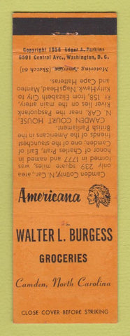 Matchbook Cover - Walter Burgess Grocery Camden NC  Perkins Americana ORANGE