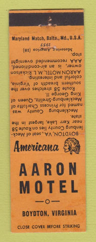 Matchbook Cover - Aaron Motel Boydton VA Perkins Americana ORANGE