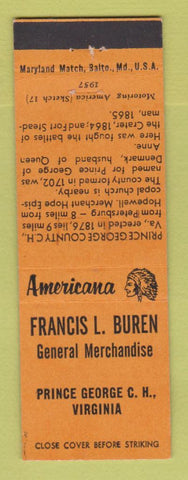 Matchbook Cover - Buren General Store Prince George VA Perkins Americana ORANGE