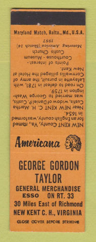 Matchbook Cover - Taylor Esso oil gas New Kent VA Perkins Americana ORANGE