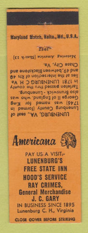 Matchbook Cover - Lunenburg's Free State Inn VA Perkins Americana ORANGE