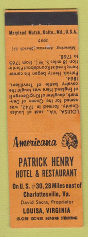 Matchbook Cover - Patrick Henry Hotel Louisa VA Perkins Americana ORANGE