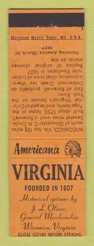 Matchbook Cover - Oliver General Store Wicomico VA #1 Perkins Americana ORANGE