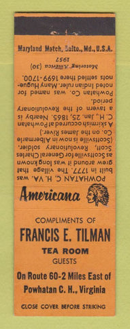 Matchbook Cover - Francis Tilman TEA Room Powhatan VA Perkins Americana ORANGE