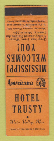 Matchbook Cover - Hotel Trusty Water Valley MS Perkins Americana ORANGE