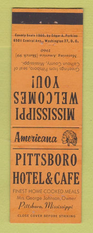 Matchbook Cover - Pittsboro Hotel Cafe MS Perkins Americana ORANGE