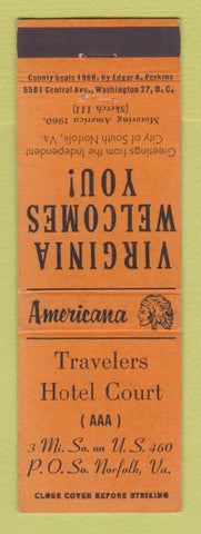 Matchbook Cover - Travelers Hotel Court Nofolk VA Perkins Americana ORANGE