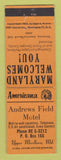 Matchbook Cover - Andrews Field Motel Upper Marlboro MD Perkins Americana ORANGE