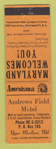 Matchbook Cover - Andrews Field Motel Upper Marlboro MD Perkins Americana ORANGE