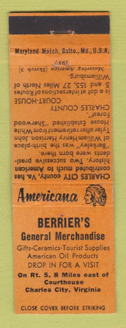Matchbook Cover Berrier's General Store Charles City VA Perkins Americana ORANGE