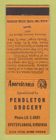 Matchbook Cover - Pendleton Grocery Spotsylvania VA Perkins Americana ORANGE