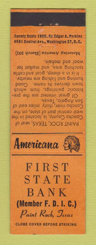 Matchbook Cover - First State Bank Paint Rock TX Perkins Americana ORANGE
