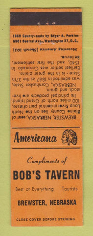 Matchbook Cover - Bob's Tavern Brewster NE Perkins Americana ORANGE