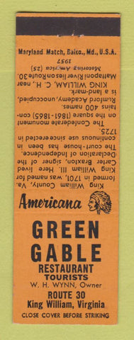 Matchbook Cover Green Gable Restaurant King William VA Perkins Americana ORANGE