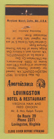 Matchbook Cover - Lovingston Hotel Restaurant VA Perkins Americana ORANGE