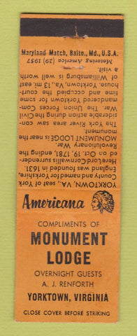 Matchbook Cover - Monument Lodge Yorktown VA Perkins Americana ORANGE