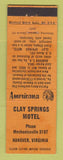 Matchbook Cover - Clay Springs Motel Hanover VA Perkins Americana ORANGE