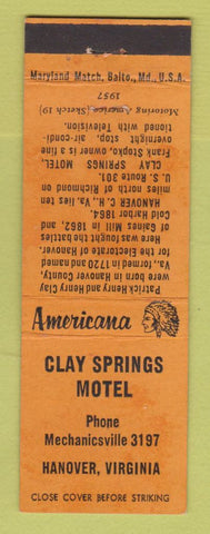 Matchbook Cover - Clay Springs Motel Hanover VA Perkins Americana ORANGE